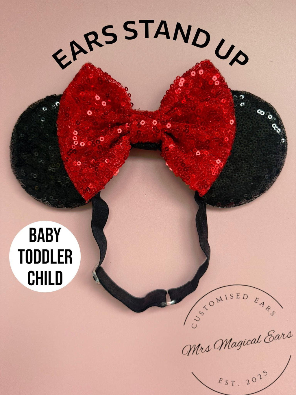 Baby & Toddler Minnie Mouse Inspired Mouse Ears | Classic Black Ears + Red Sequin Bow Mickey Headband | Adjustable Disney Photo Prop | Girls
