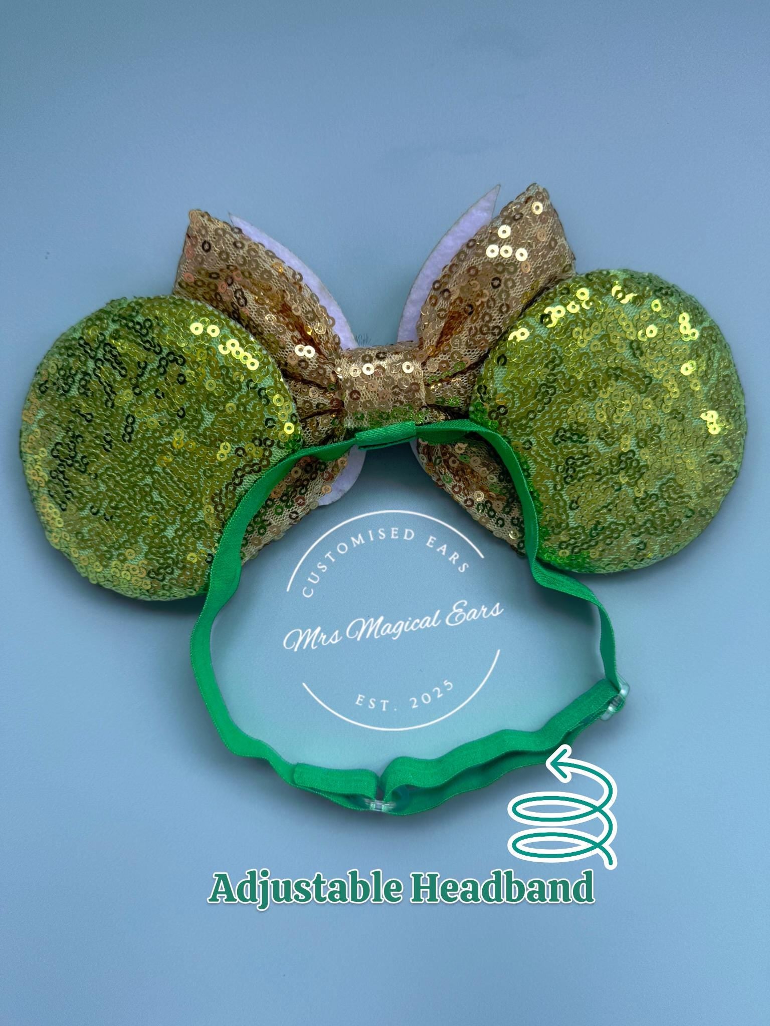 Baby Tinkerbell Minnie Ears Headband |Toddler Fairy Child | Disney Inspired | Green + Gold Sequin Mouse | Pixie Birthday Outfit | Tink