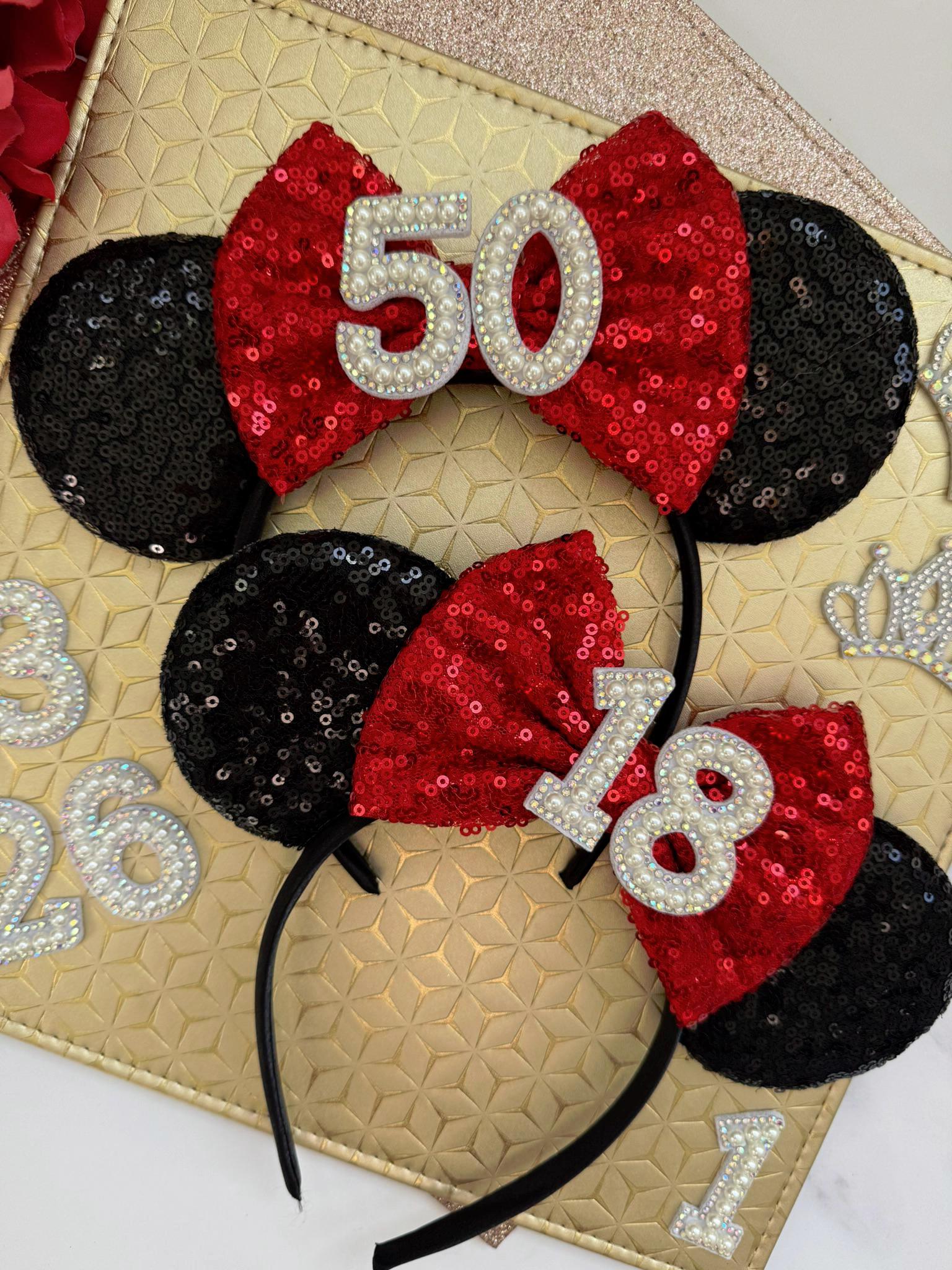 Black Sequin Birthday Minnie Inspired Ears Headband – Red Bow Custom Age Mouse Ears for Adults, Teens & Disney Birthday Trips