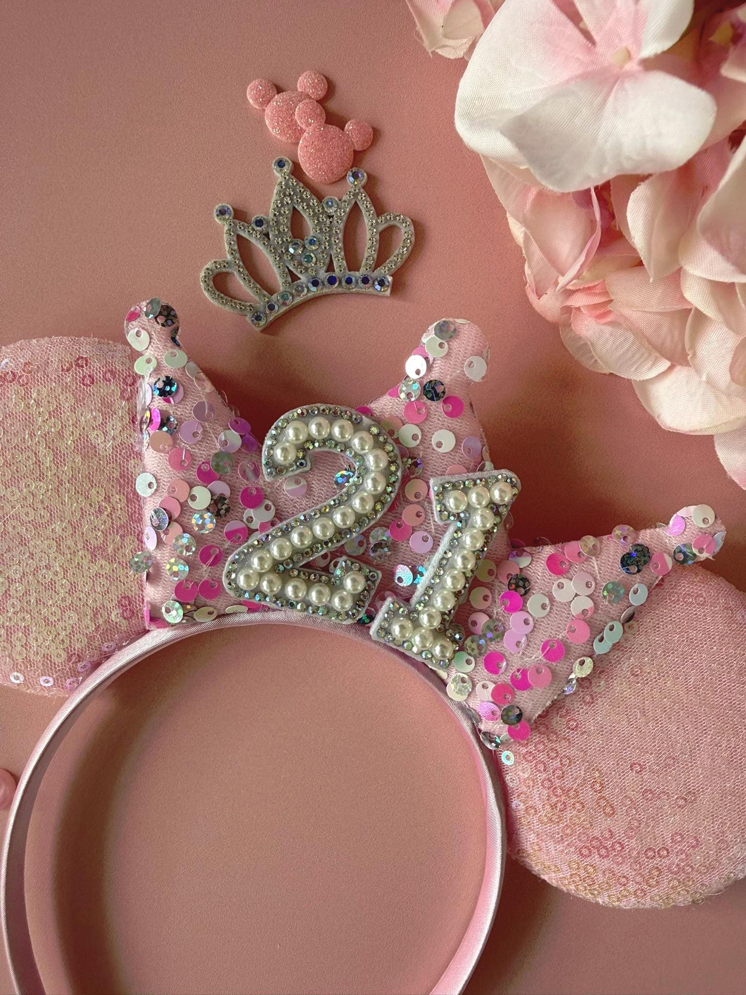 Baby Pink Sequin & Confetti Birthday Crown Headband | Sparkly Tiara | Personalised Ears for Women + Girls (All Ages) Disney Inspired