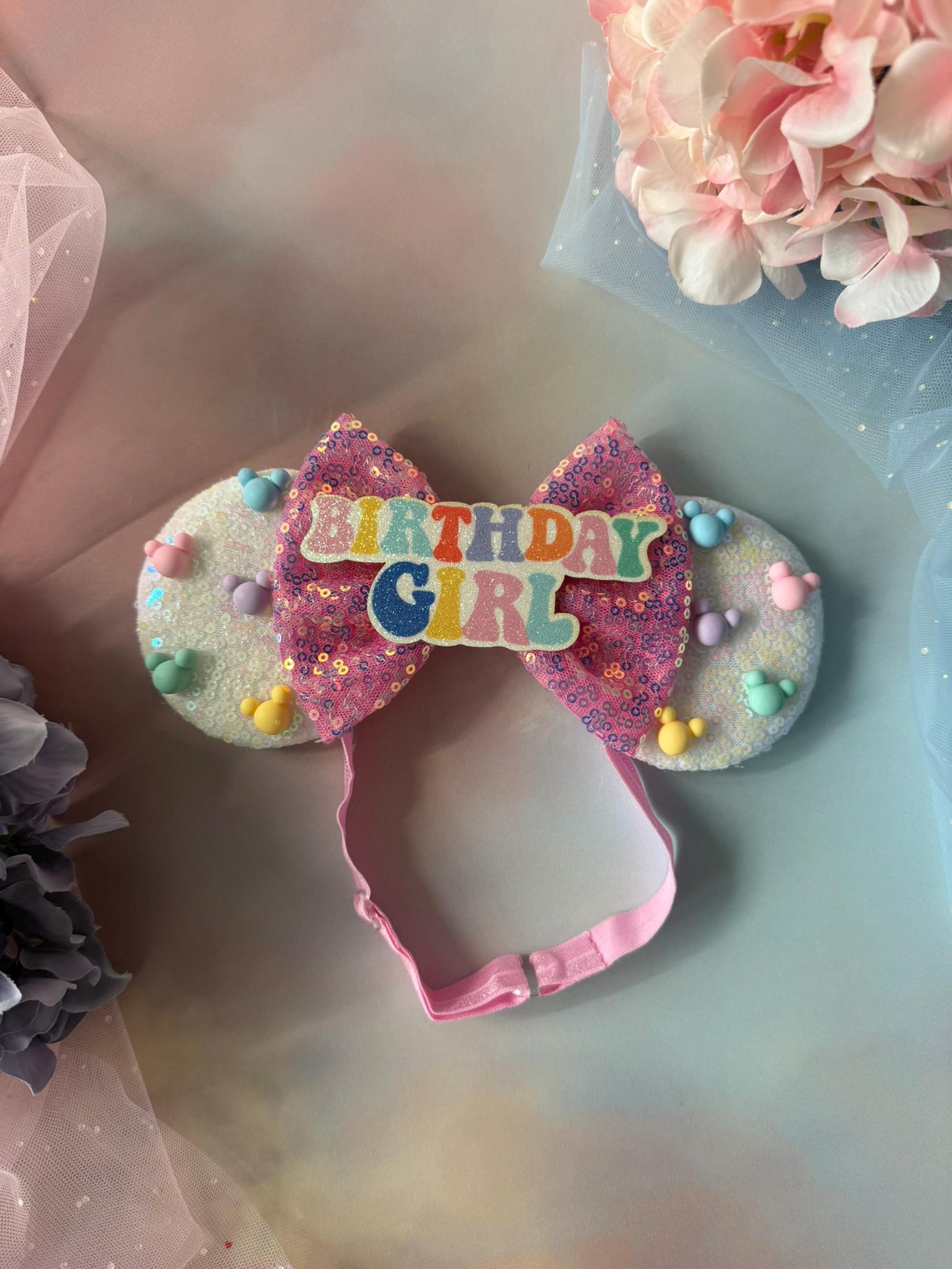 Birthday Girl Minnie Ears Baby Toddler, Sequin Minnie Mouse Headband, Adjustable Disney Birthday Headband, Baby Pink Blue Iridescent Ears