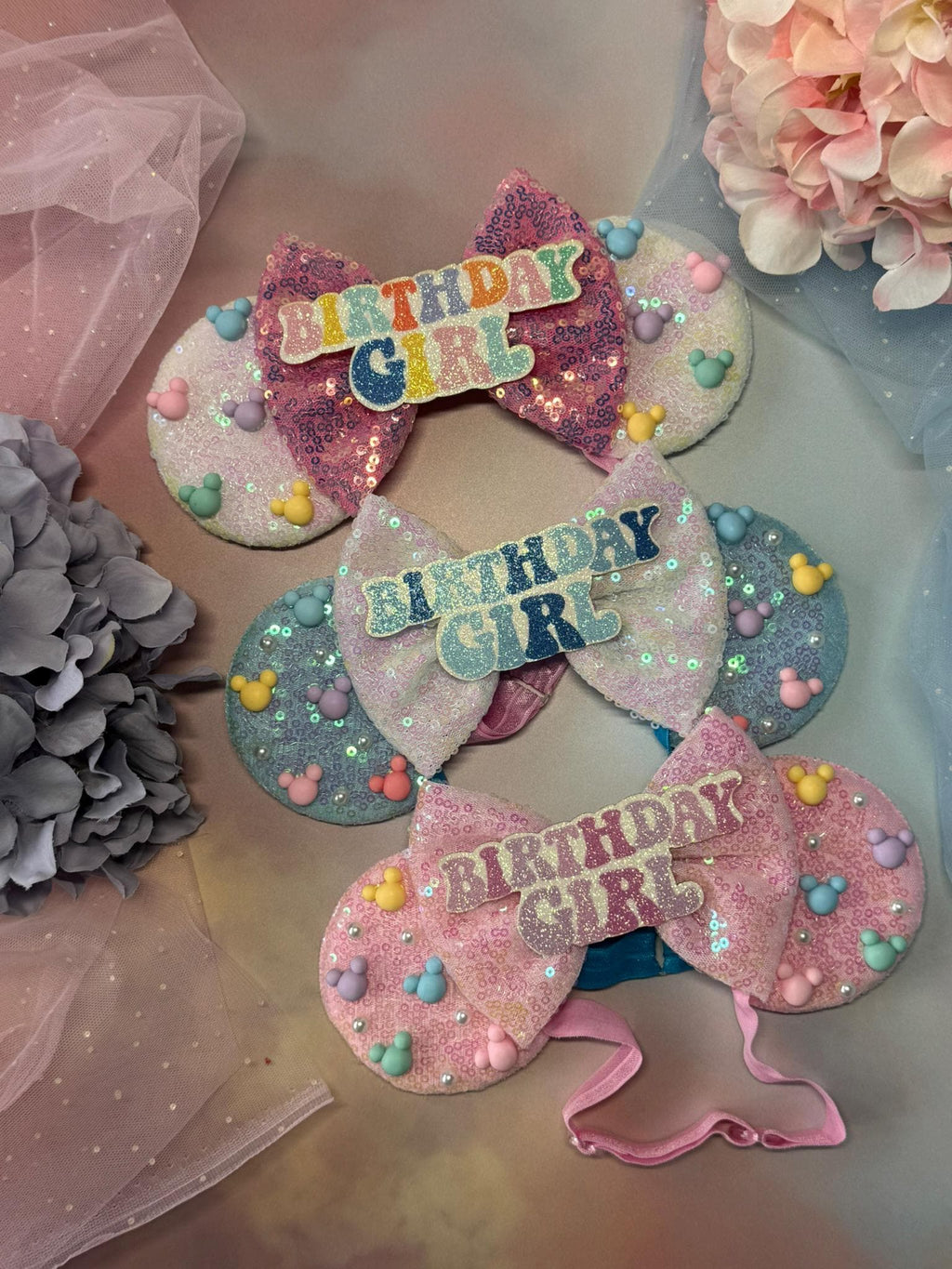 Birthday Girl Minnie Ears Baby Toddler, Sequin Minnie Mouse Headband, Adjustable Disney Birthday Headband, Baby Pink Blue Iridescent Ears