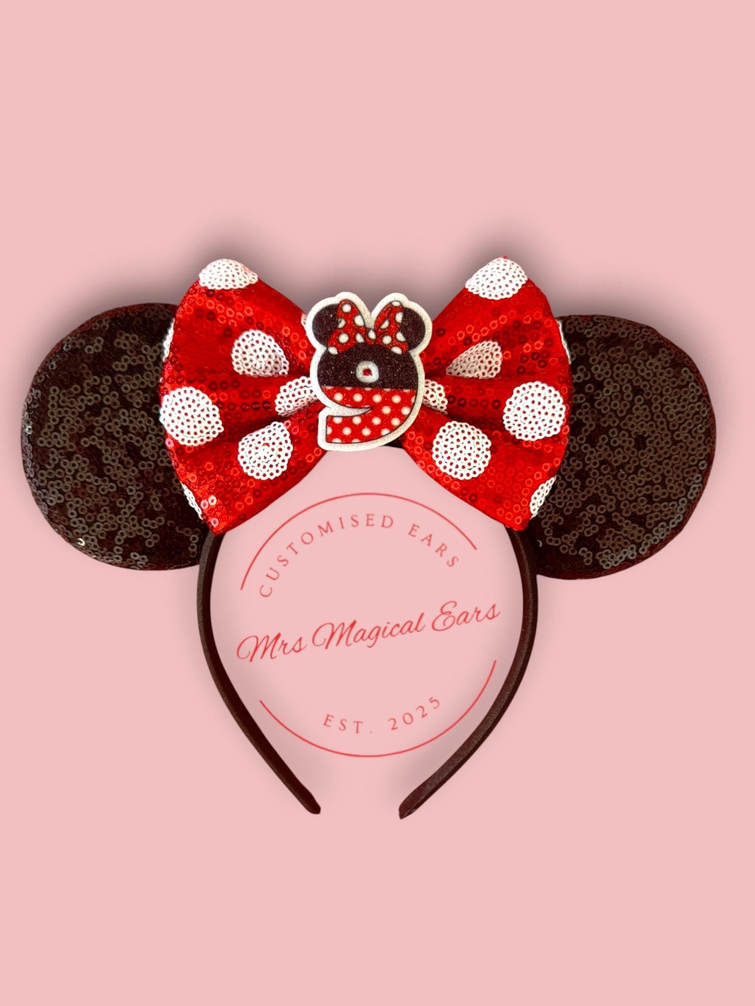 Birthday Bow Minnie Ears – Custom Age Disney Inspired Birthday Headband | Red Sequin or Polka Dot Bow | Magical Birthday Ears