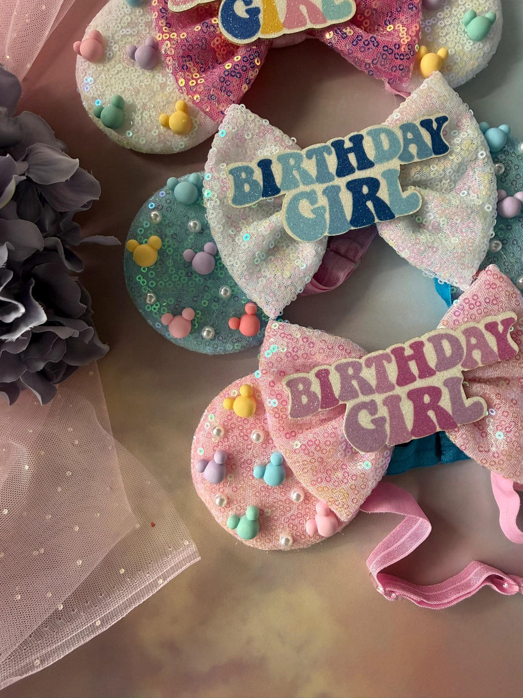 Birthday Girl Minnie Ears Baby Toddler, Sequin Minnie Mouse Headband, Adjustable Disney Birthday Headband, Baby Pink Blue Iridescent Ears