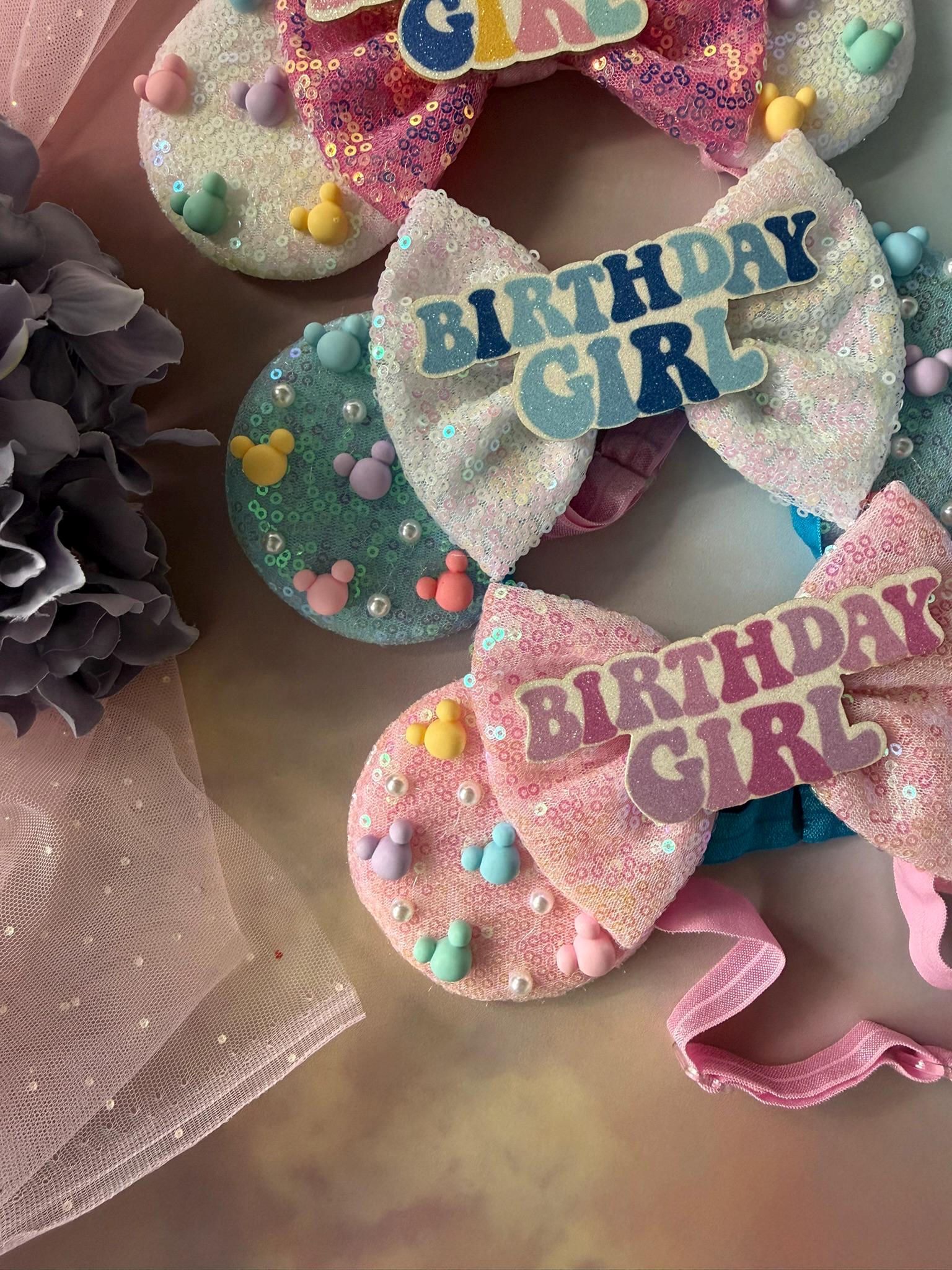 Birthday Girl Minnie Ears Baby Toddler, Sequin Minnie Mouse Headband, Adjustable Disney Birthday Headband, Baby Pink Blue Iridescent Ears