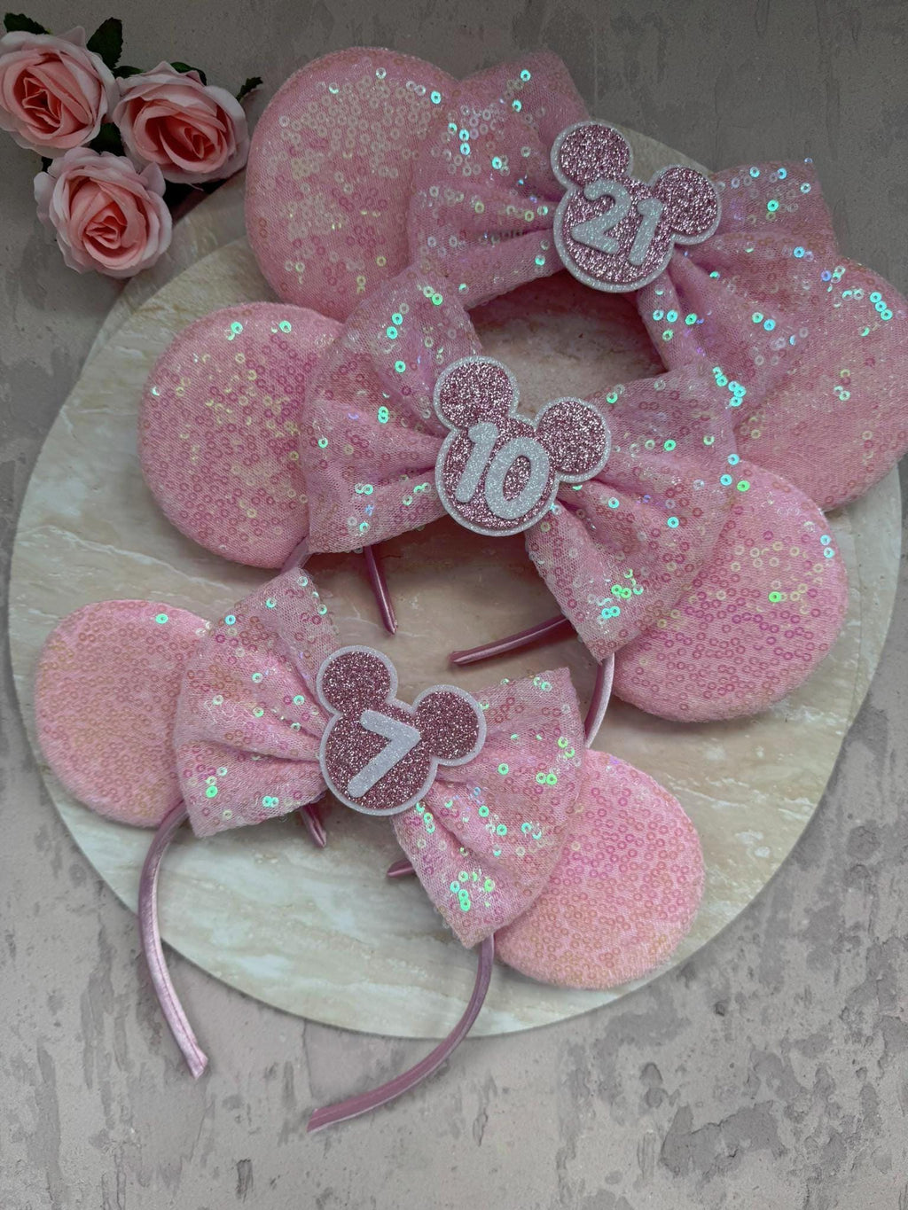 BIRTHDAY Customised ANY AGE Minnie Mouse Ears | Baby Pink Sequin Mickey Ears | Custom Glitter Headband | Disney Trip 2, 3, 5, 10, 18, 30+