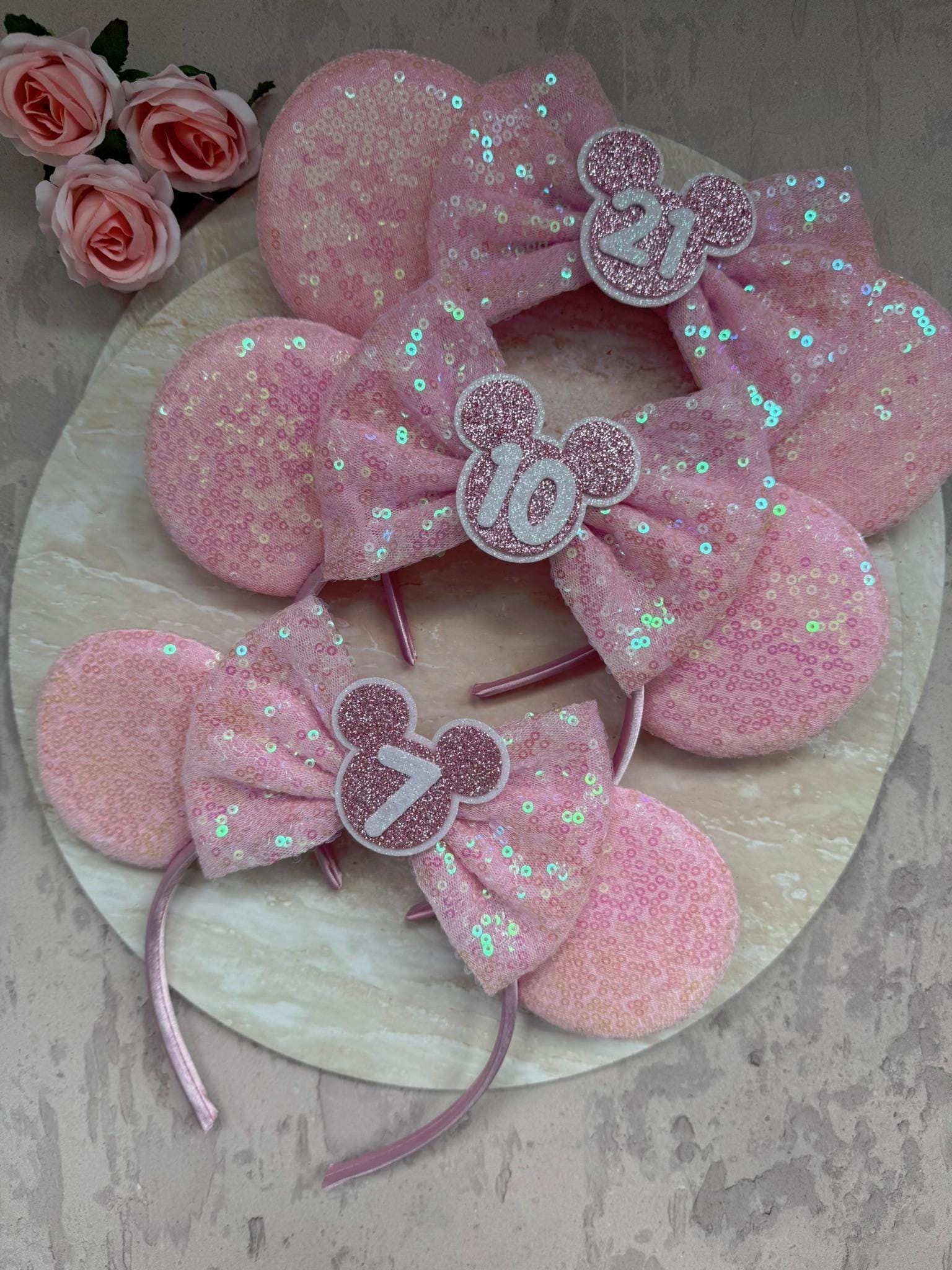 BIRTHDAY Customised ANY AGE Minnie Mouse Ears | Baby Pink Sequin Mickey Ears | Custom Glitter Headband | Disney Trip 2, 3, 5, 10, 18, 30+