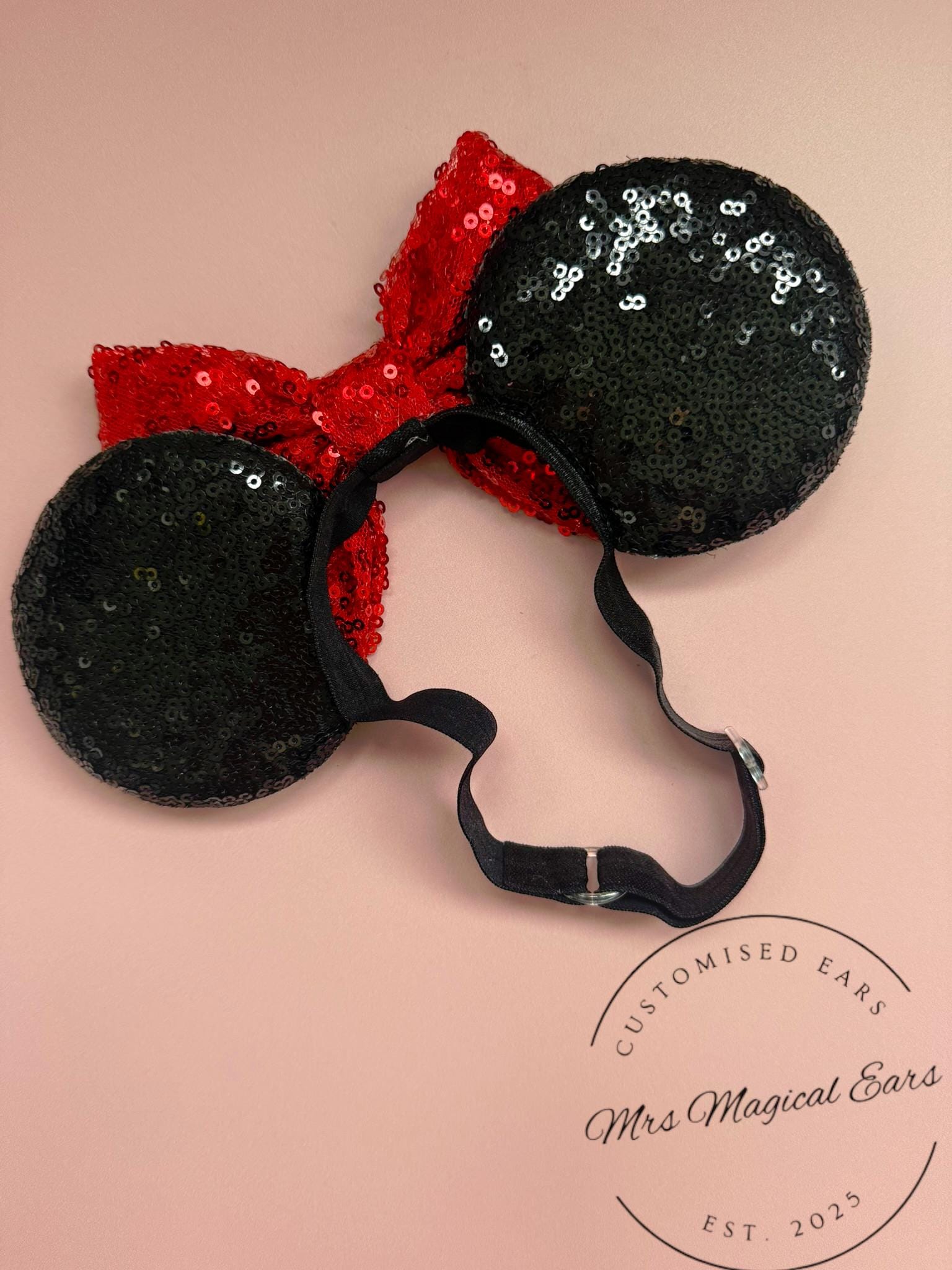 Baby & Toddler Minnie Mouse Inspired Mouse Ears | Classic Black Ears + Red Sequin Bow Mickey Headband | Adjustable Disney Photo Prop | Girls