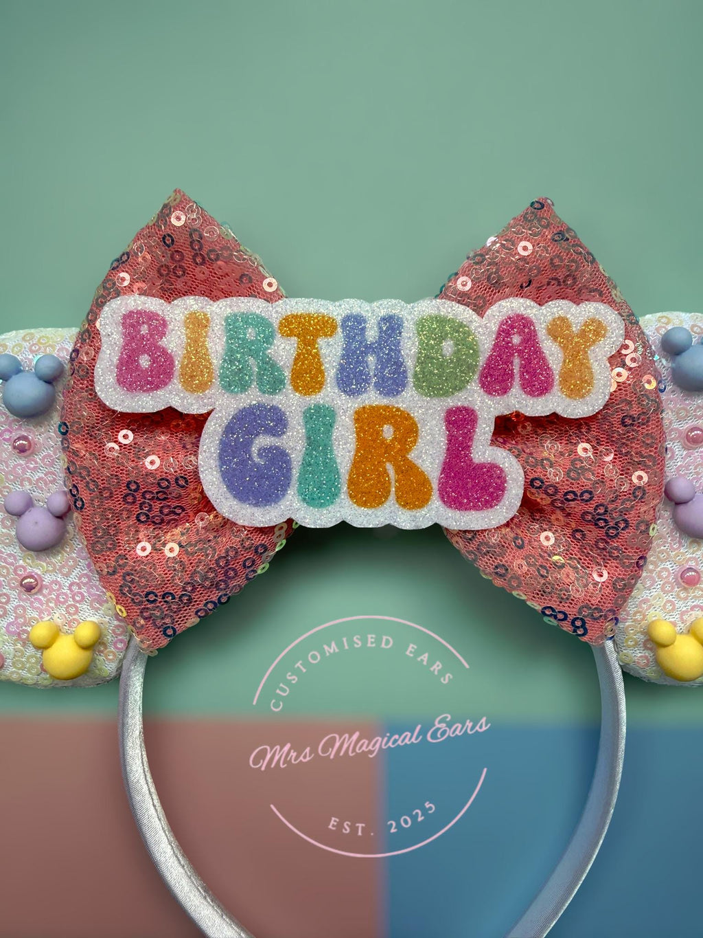 Birthday Girl Mouse Ears – Custom Colour Bow – Sparkly Sequin Headband – Party Ears – Cake Smash – Girls Birthday Outfit – Disney Inspired