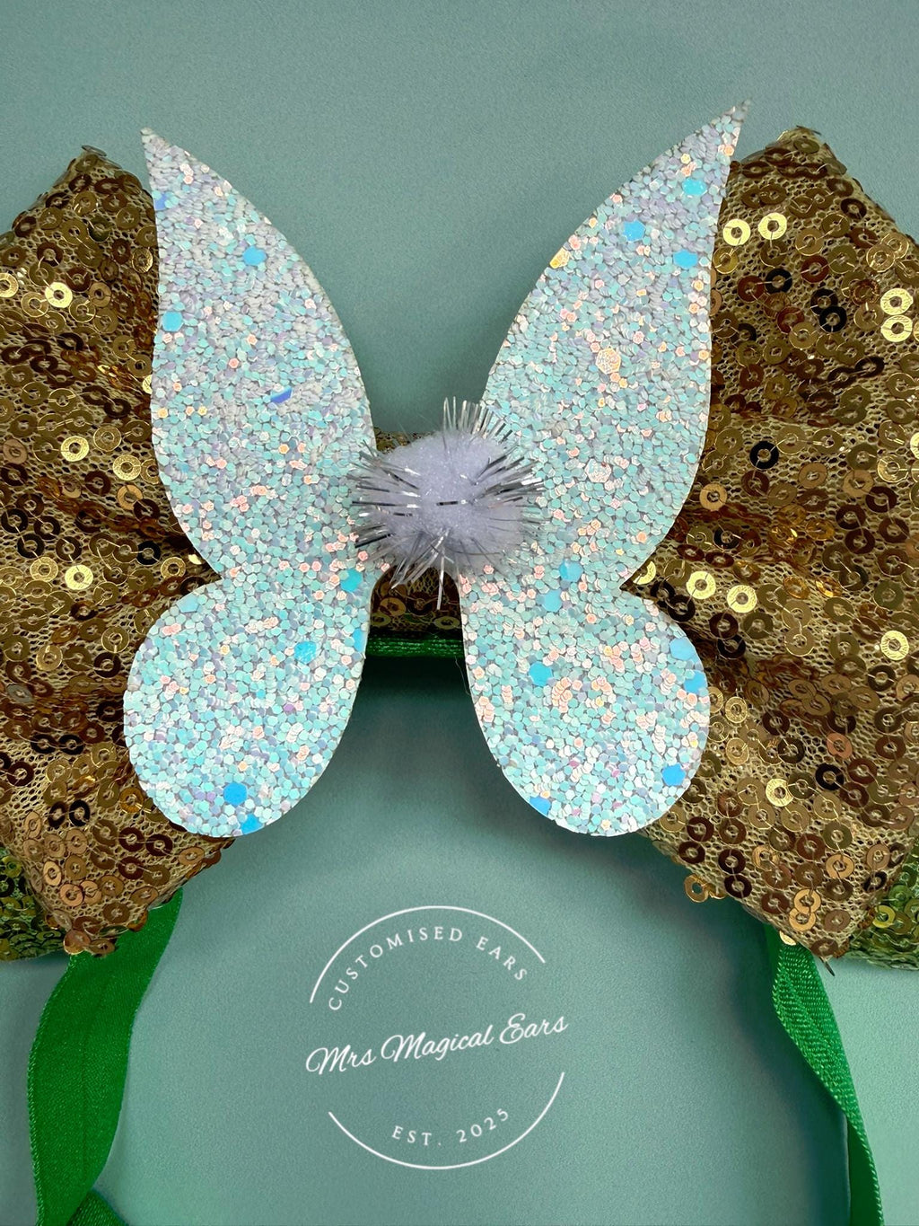 Baby Tinkerbell Minnie Ears Headband |Toddler Fairy Child | Disney Inspired | Green + Gold Sequin Mouse | Pixie Birthday Outfit | Tink