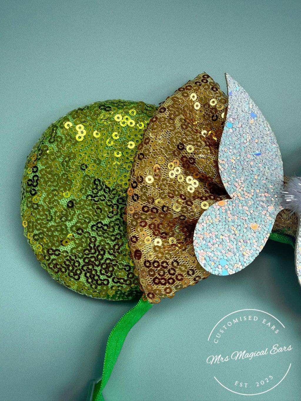 Baby Tinkerbell Minnie Ears Headband |Toddler Fairy Child | Disney Inspired | Green + Gold Sequin Mouse | Pixie Birthday Outfit | Tink