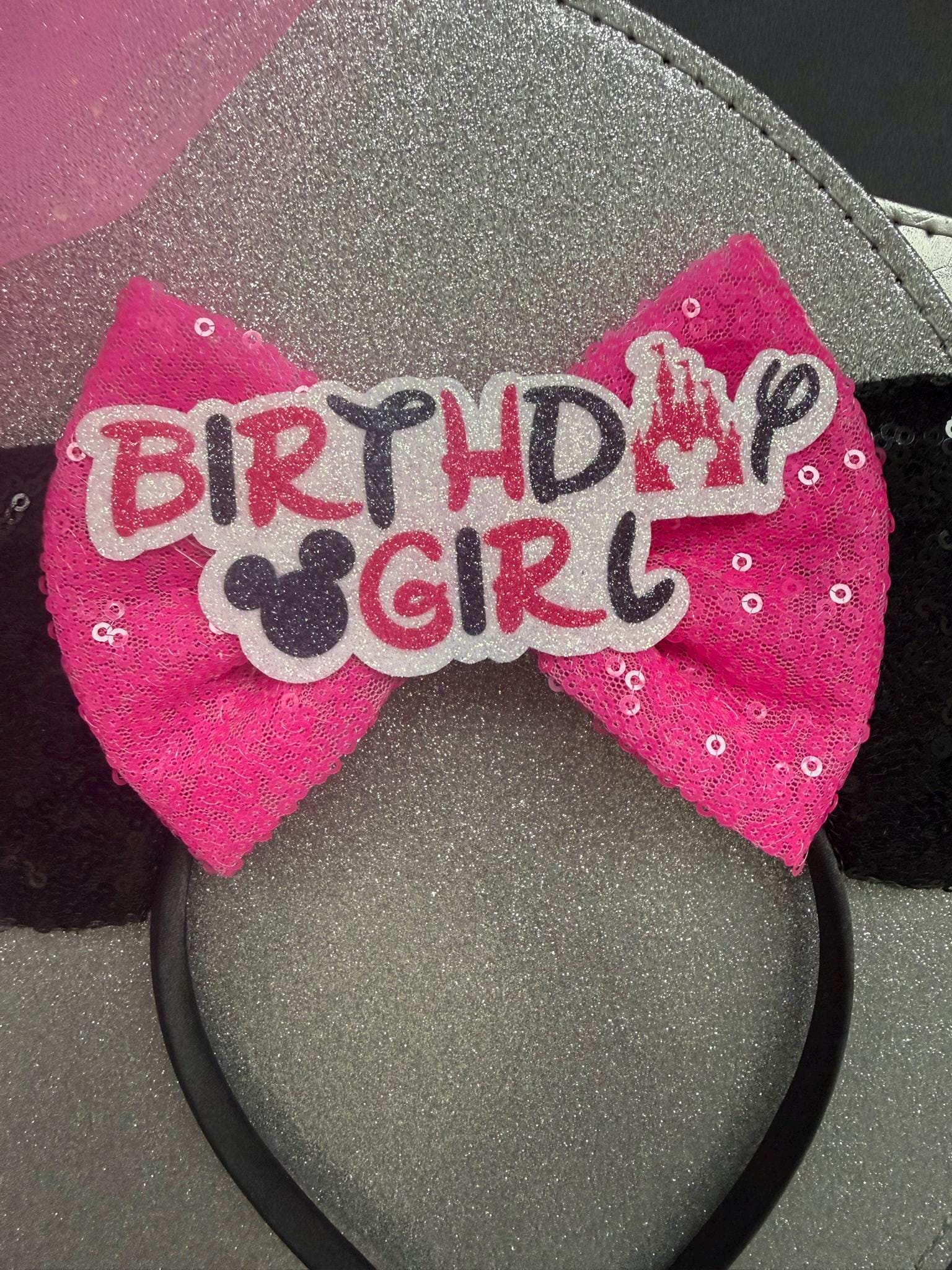 Birthday Girl Minnie Ears, Pink & Black Sequin Disney Inspired, Birthday Headband, Disney Birthday Outfit, Mickey Ears for Kids and Adults